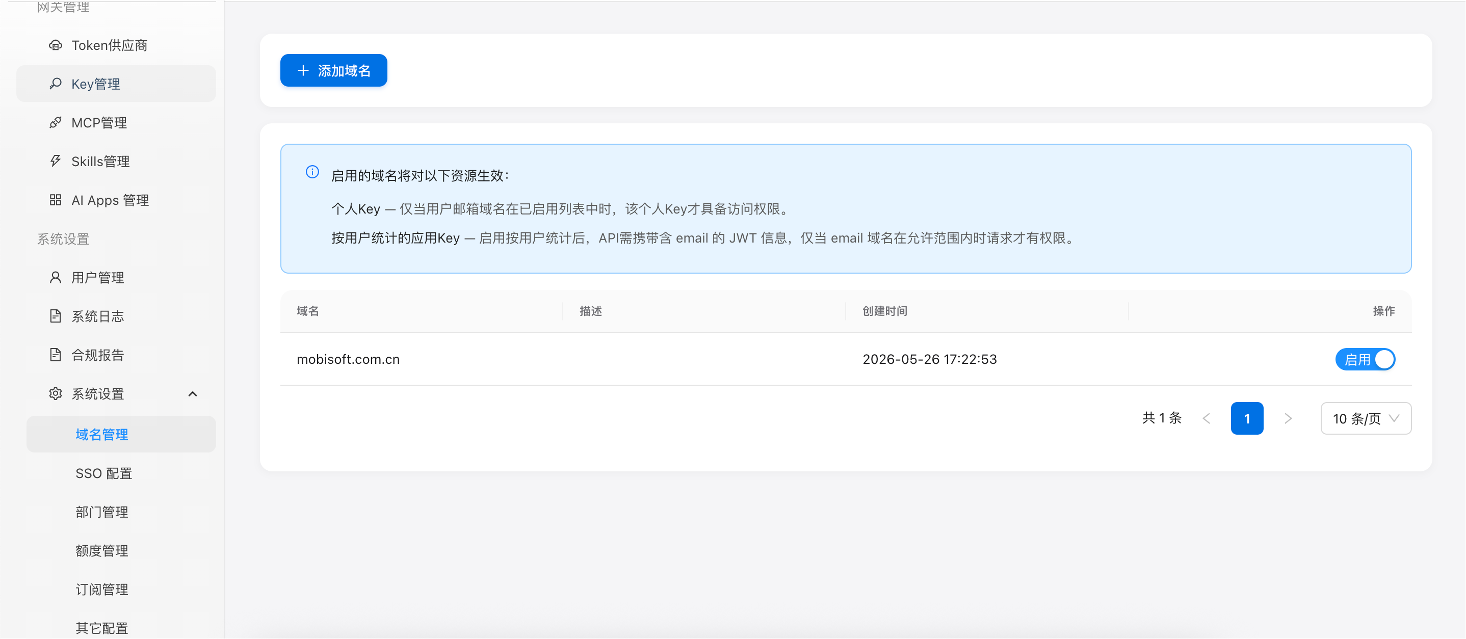图 1：域名管理列表，展示已配置的域名及启用状态