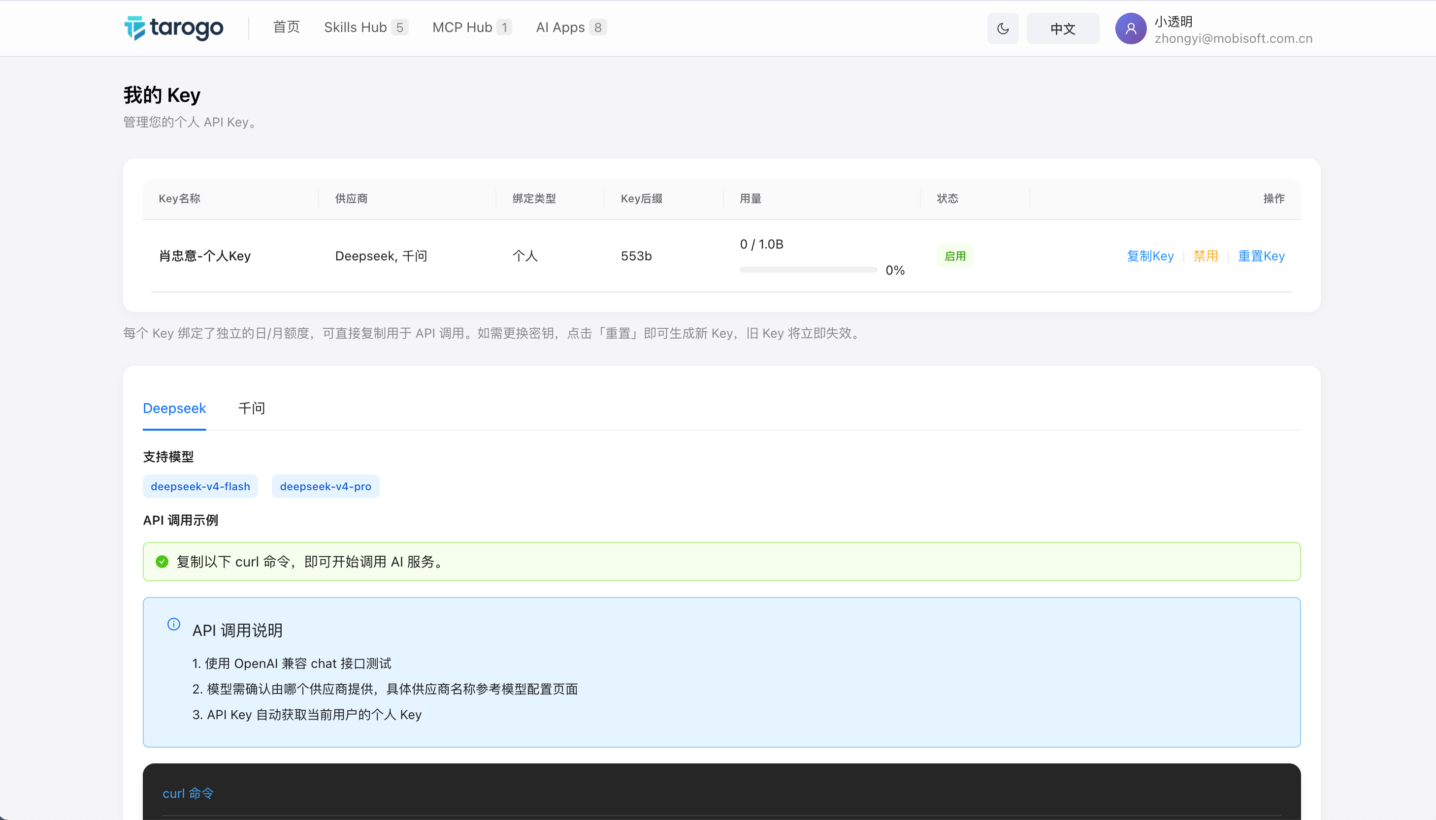 图 2：创建完成后「我的 Key」列表